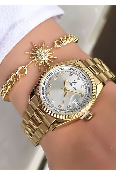 Daniel Klein New Season Gold Color Steel Band Wrist Watch with Bracelet Gift