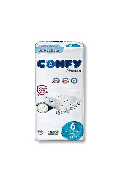 Confy حفاضات أطفال مقاس 6 مقاس كبير جدًا +15 كجم 72 قطعة