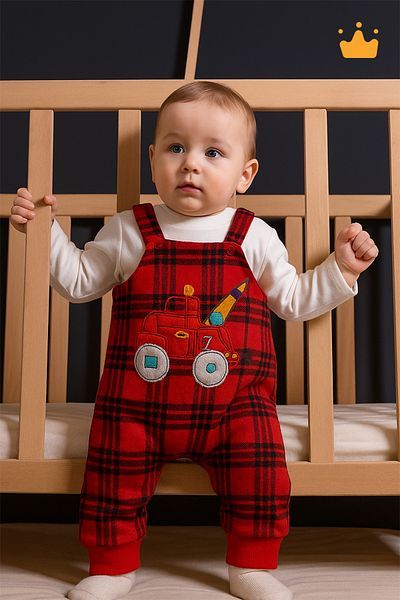 Babyhola 3-18 Months Plaid Patterned Baby Boy Snap Strap Salopet Badi 2-Piece Set 2203