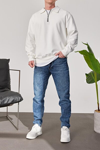 NOMARC Βασικό λευκό φούτερ με φερμουάρ στο γιακά