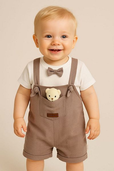 dinamik çocuk Teddy Bear Patterned Salopet and Bag with Badge for Baby Boy - 2-Piece Summer Baby Set