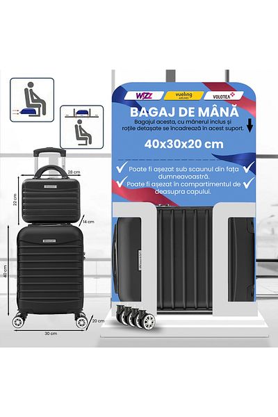 Quasar & Co. Set Troler Cabina Cu Geanta Cosmetice,®,line,40x30x20 Cm,roti Detasabile,abs,negru