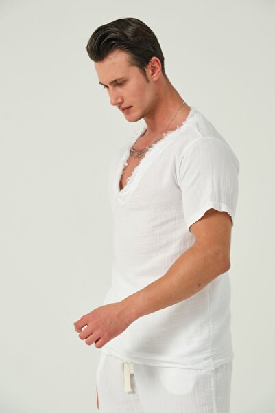 RELAXL Λευκό μπλουζάκι μουσελίνας - 100% βαμβάκι, φαρδύ λαιμόκοψη σε σχήμα V, υπερμεγέθη κοπή