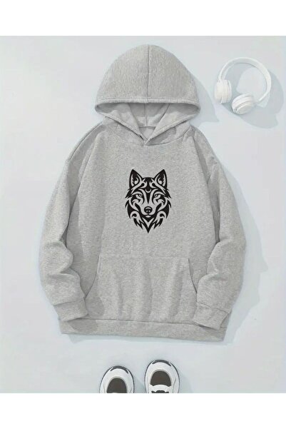VERSCOVE Світшот з принтом вовка, кишенями та капюшоном, 2 нитки, сезонний, з...
