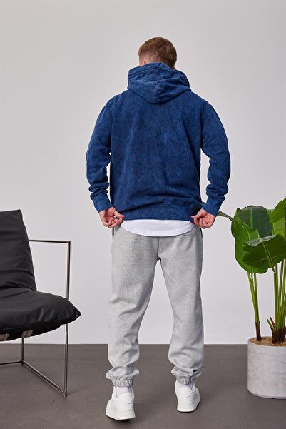 NOMARC Washed Basic Hooded Navy Blue Sweatshirt
