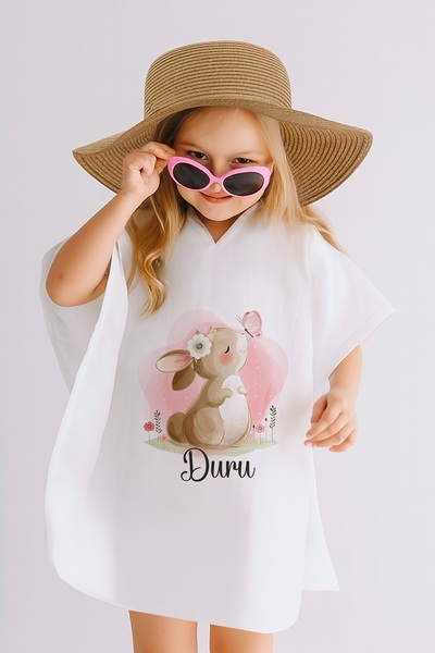 Lilabio İsme Özel %100 Pamuk Müslin Kapüşonlu Kız Çocuk Panço Bornoz Tavşan