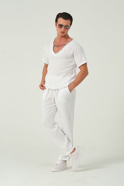 RELAXL Tricou alb de muselina - 100% bumbac, decolteu lat in V, croiala supradimensionata