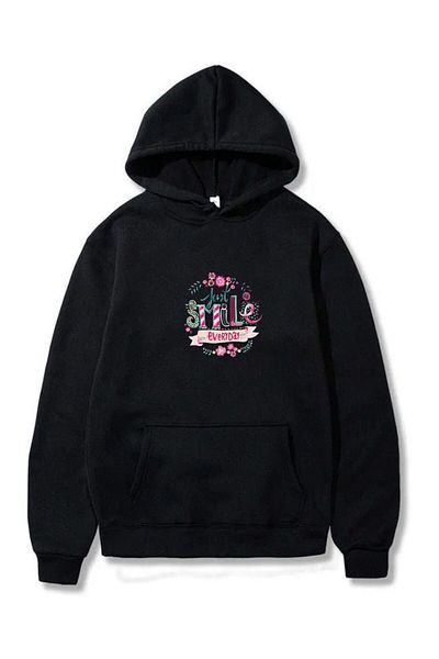 VERSCOVE Smile Flower Printed Sweatshirt Kangaroo Pocket Hooded 2 Thread Seasonal Comfortable Fit