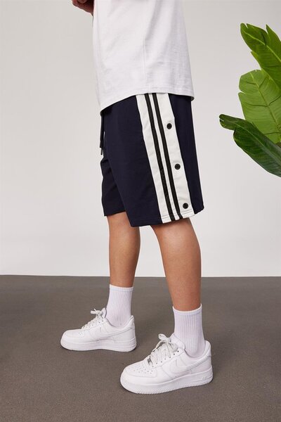 NOMARC Men's 2-Line Buttoned Navy Blue Shorts