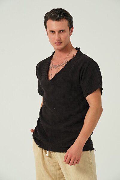 RELAXL Μαύρο T-Shirt Oversize Muslin - 100% βαμβάκι, φαρδιά λαιμόκοψη