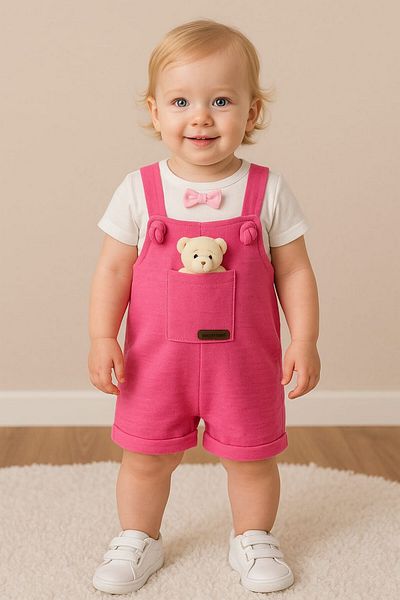dinamik çocuk Baby Girl 2-Piece Baby Set with Teddy Bear Accessories, Holiday Salopet and Inner Badi, Monthly Summer