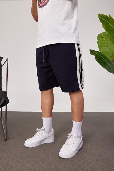 NOMARC Men's 2-Line Buttoned Navy Blue Shorts