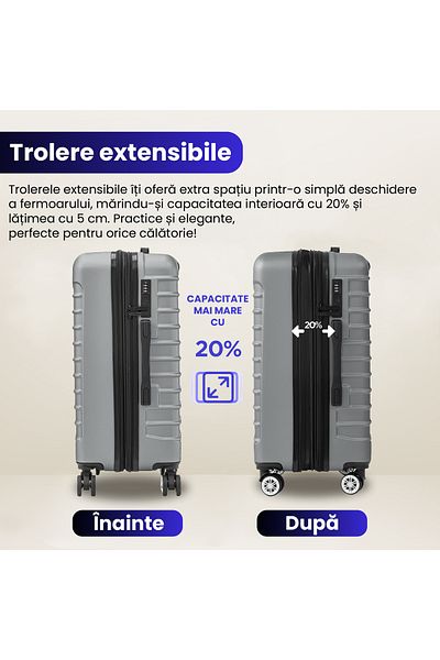 Quasar & Co. Set 3 Trolere,s/m/l,model Line, 4 Roti Maner Telescopic, Cifru, Abs, Argintiu