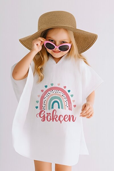 Lilabio İsme Özel %100 Pamuk Müslin Kapüşonlu Kız Çocuk Panço Bornoz Gökkuşağı