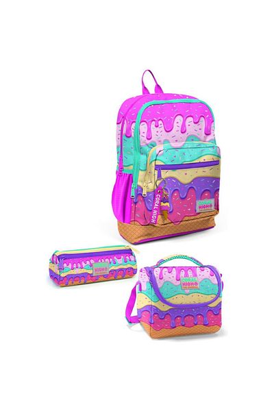 Coral High Pink Colorful Ice Cream Patterned 3-Piece School Bag Set Set23731