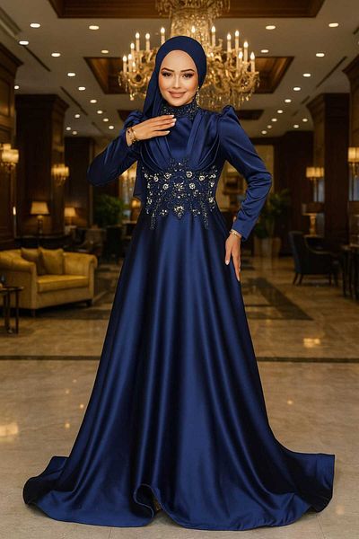 Neva Style Βραδινό φόρεμα με χάντρες Navy Blue Satin Hijab 22640l