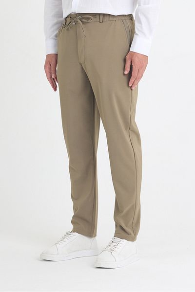 EXSPORT Men's Side Pockets, Elastic Waist, Lace-Up Belt, Relaxed Fit, Comfortable Cut Cool Fabric Trousers