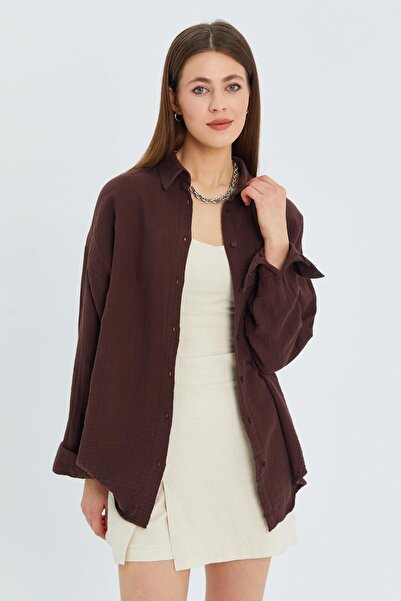 Mixray 3833 Модел Дамска Оувърсайз Муслинова Риза - Джоб, Кафява