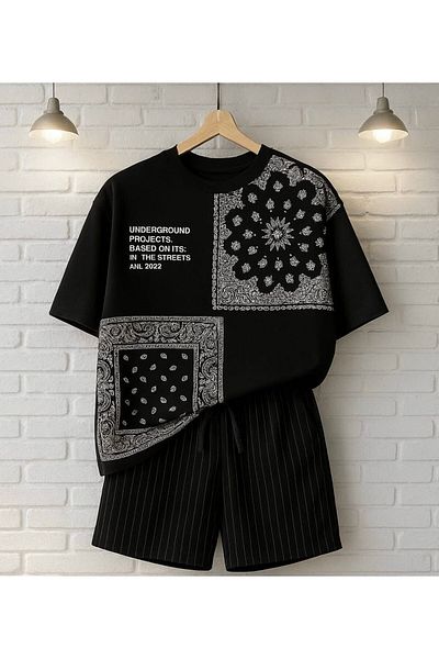 tetramoda Unisex Printed T-shirt and Striped Suit Set