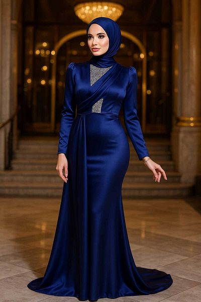 Neva Style Βραδινό φόρεμα με ουρά Navy Blue Satin Hijab 22891l
