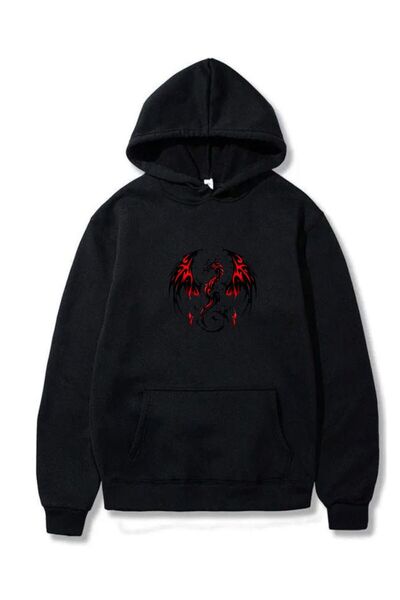 VERSCOVE Mikina s potiskem draka a klokaní kapsou, s kapucí, dvouvláknová, sezónní, pohodlný střih