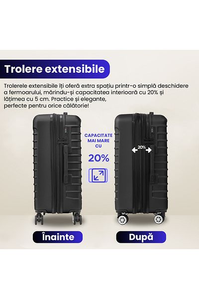 Quasar & Co. Set 3 Trolere,s/m/l,model Line, 4 Roti Maner Telescopic, Cifru, Abs, Negru