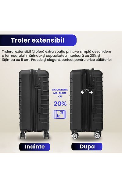 Quasar & Co. Troler Mare Extensibil, Troller Line, 77x49x31-36cm, Bagaj De Cala, 4 Roti Duble, Abs, Negru