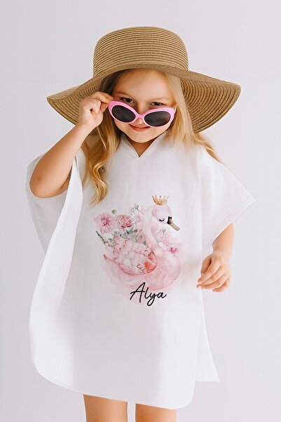 Lilabio İsme Özel %100 Pamuk Müslin Kapüşonlu Kız Çocuk Panço Bornoz Kuğu