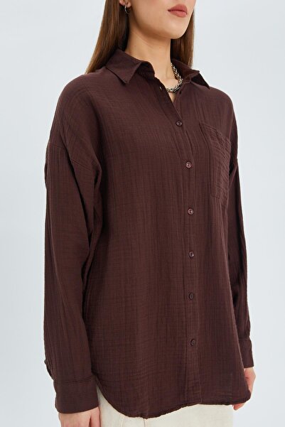 Mixray 3833 Модел Дамска Оувърсайз Муслинова Риза - Джоб, Кафява