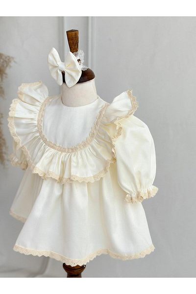 Hobidik Cotton Satin Cream Mevlüt Dress Set for Baby Girl
