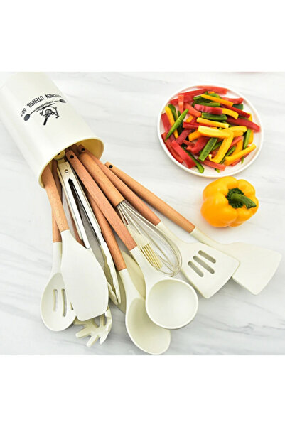 TeknoExpress Areks Silicone 11-Piece Ladle Set Heat Resistant; Ladle-Beater-Pasta Ladle- Spatula with Stand