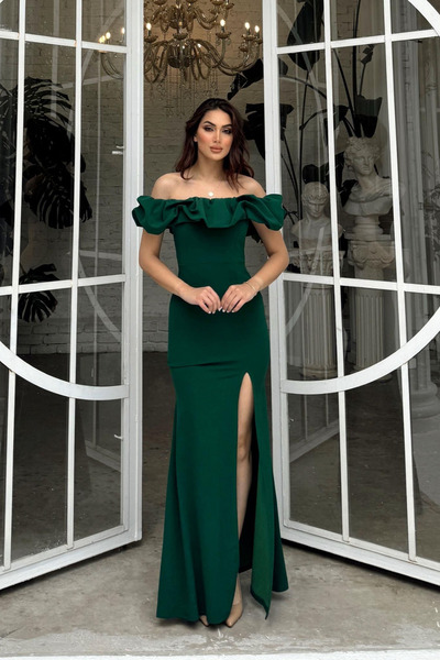 Mekafashion Katre Yaka Fırfırlı Yırtmaçlı Abiye 582834