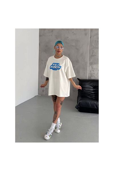 Fulu Unisex Crew Neck Printed Oversize T-Shirt - White