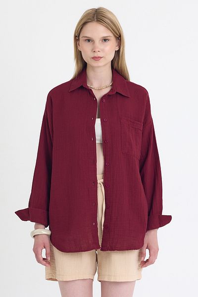 Rays Cămașă de muselină supradimensionată, 100% bumbac, cu un singur buzunar, roșu Claret 4697A