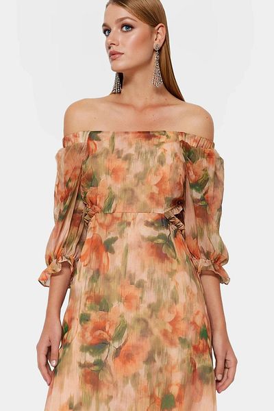 PayBuy Maxi Chiffon Dress Floral Pattern a Line Three Quarter Sleeve Without Belt Long Lasting Trend Design