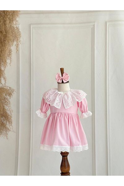 Hobidik Baby Girl Kid's Pink Cotton Poplin Fishtail Cape Balloon Sleeve Dress