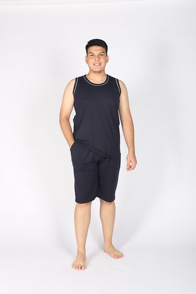 Lio20 Men's 100% Cotton Combed Cotton Sleeveless T-Shirt and Shorts Set – Summer-Sports-Home Comfort-Casual-Beach–Navy Blue