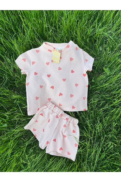 Kirazkids Heart Patterned Girl's Summer Suit 100% Cotton