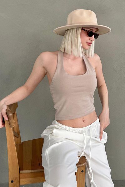 Madmext Crop Top cu gât cu gât cu gât de culoare piatră MG2456