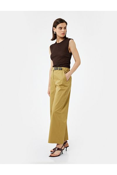 Koton High Waist Wide Leg Baggy Trousers with Half Belt Detail and Pockets