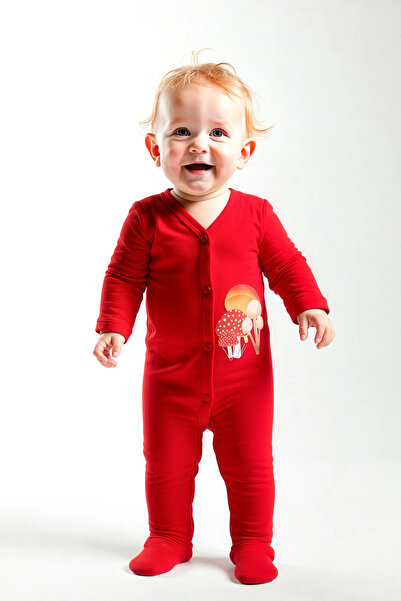 Mavipink Bebek %100 Pamuk Hello Mantar Baskılı Kırmızı Uzun Kollu Patikli Tulum