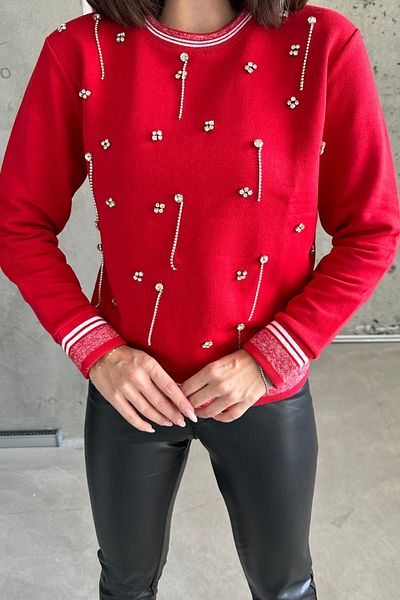 XRAY JEANS Women's Crew Neck Stone Relax Fit Red Sweat