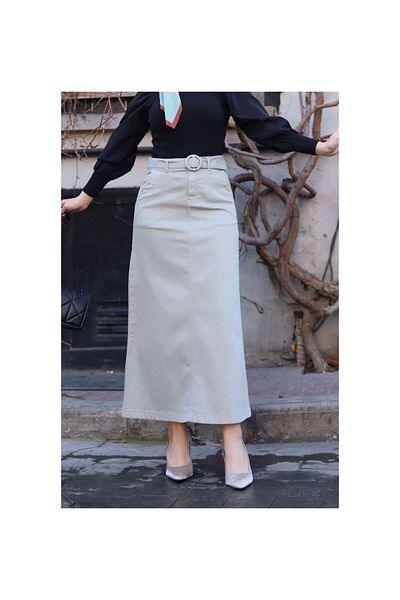 VELLICHOR Pocket Detailed Belted Buckle Gabardine Skirt Thyme-1124