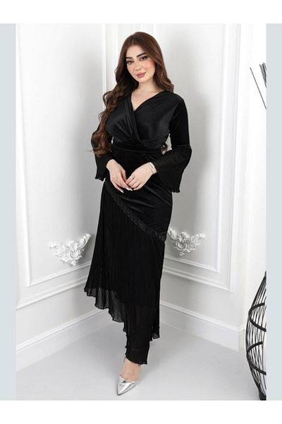 Nice Model Black Velvet Chiffon Evening Dress with Pleated Asymmetrical Skirt - Long Sleeve Wrap Style