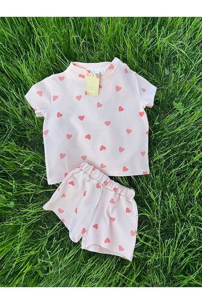 Kirazkids Heart Patterned Girl's Summer Suit 100% Cotton