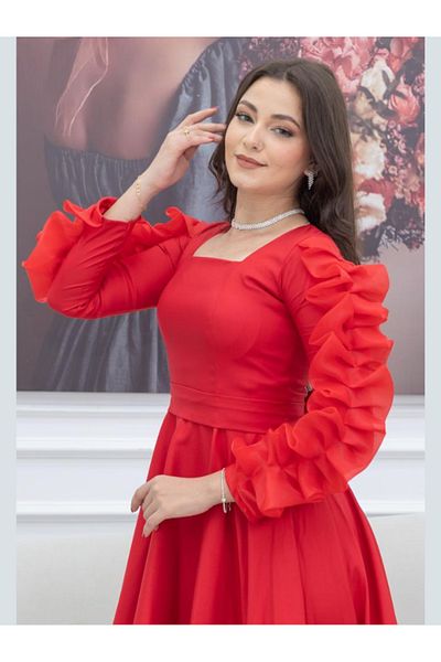 Nice Model Elegant Midi Crepe Dress with Ruffle Sleeves - Women's Formal Party Cocktail Dress