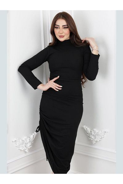 Nice Model Elegant Midi Crepe Dress with Choker Neckline Long Sleeves Women's Evening Party Formal Outfit