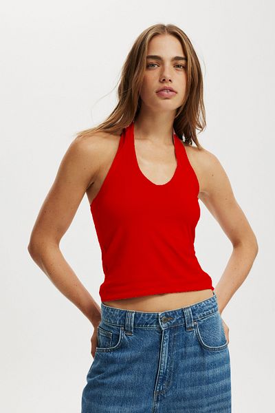 Madmext Red Halter Neck Strap Crop Top Mg2456