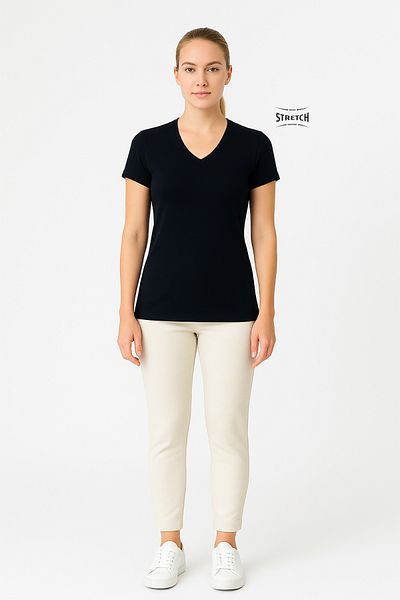 Cottonland Tricou DELFINA pentru femei, cu decolteu în V, 1x1, cu mâneci scurte, din bumbac pieptănat, ALBASTRU ÎNCHIS