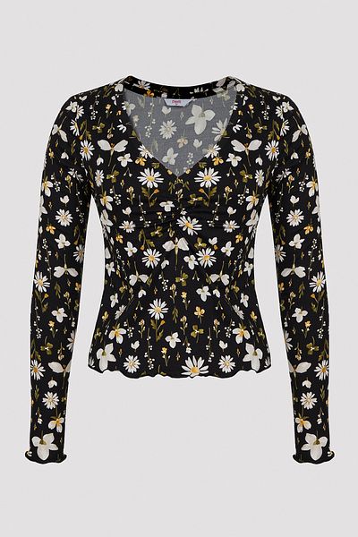 Penti Top de pijama tricou negru cu imprimeu Blossom
